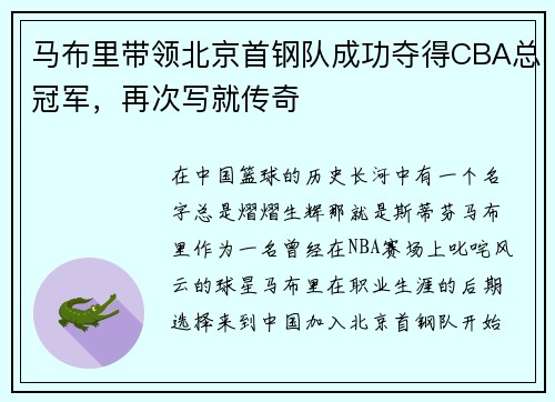 马布里带领北京首钢队成功夺得CBA总冠军,再次写就传奇